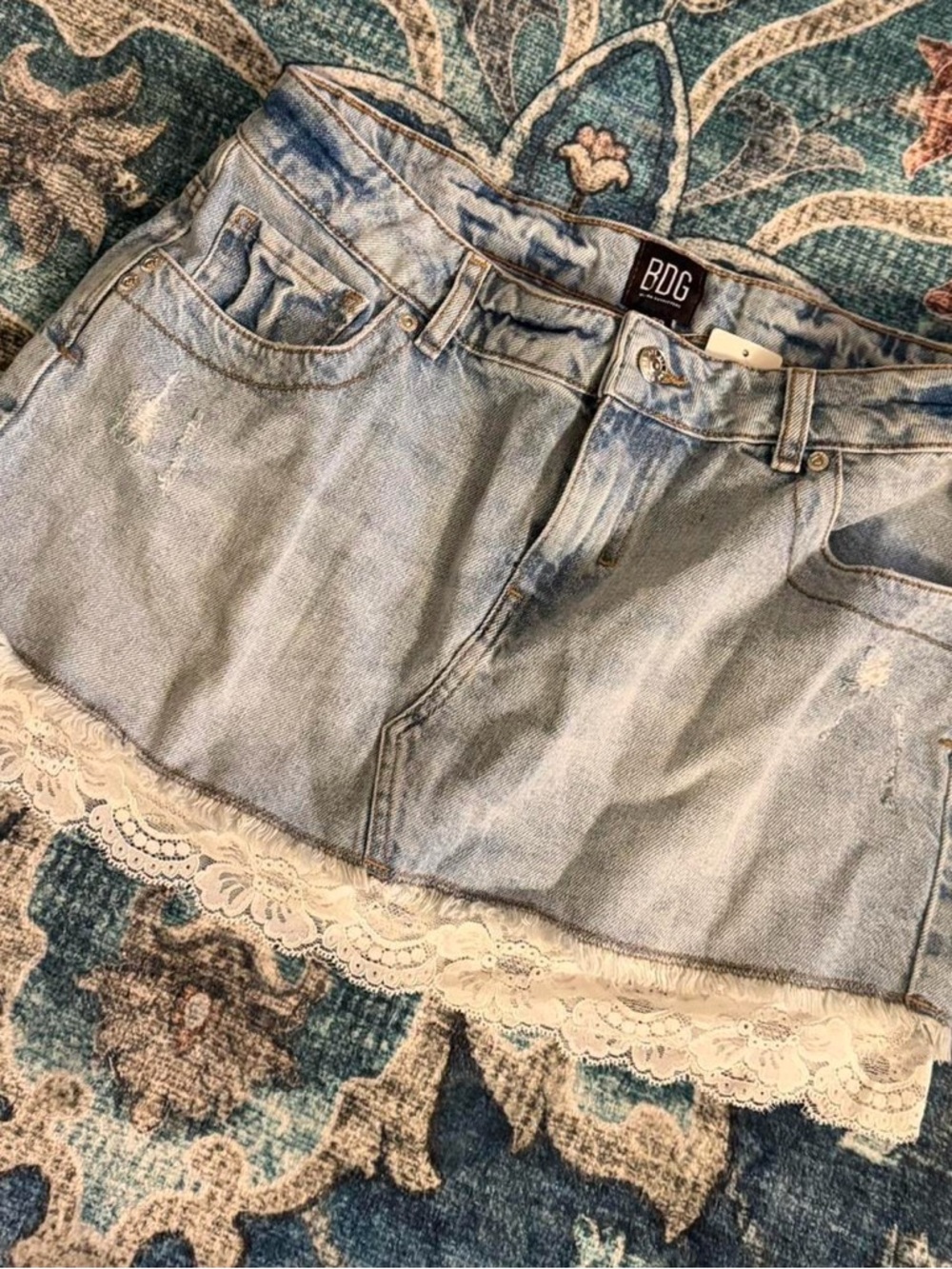 Urban Outfitters Denim Mini Skirt with Cream Lace Trim - Picture 2 of 5